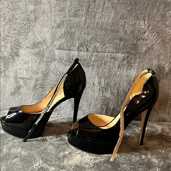 Black Patent Peep-Toe Platform 6 inch Heels with Rhinestone Ankle Strap - Picture 3 of 16